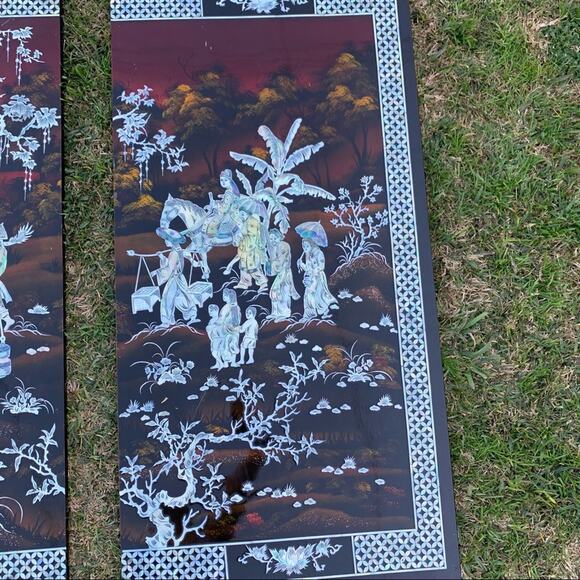 Vintage Asian Lacquered Wood Panels Inlaid with Mother Of Pearl - Picture 11 of 15